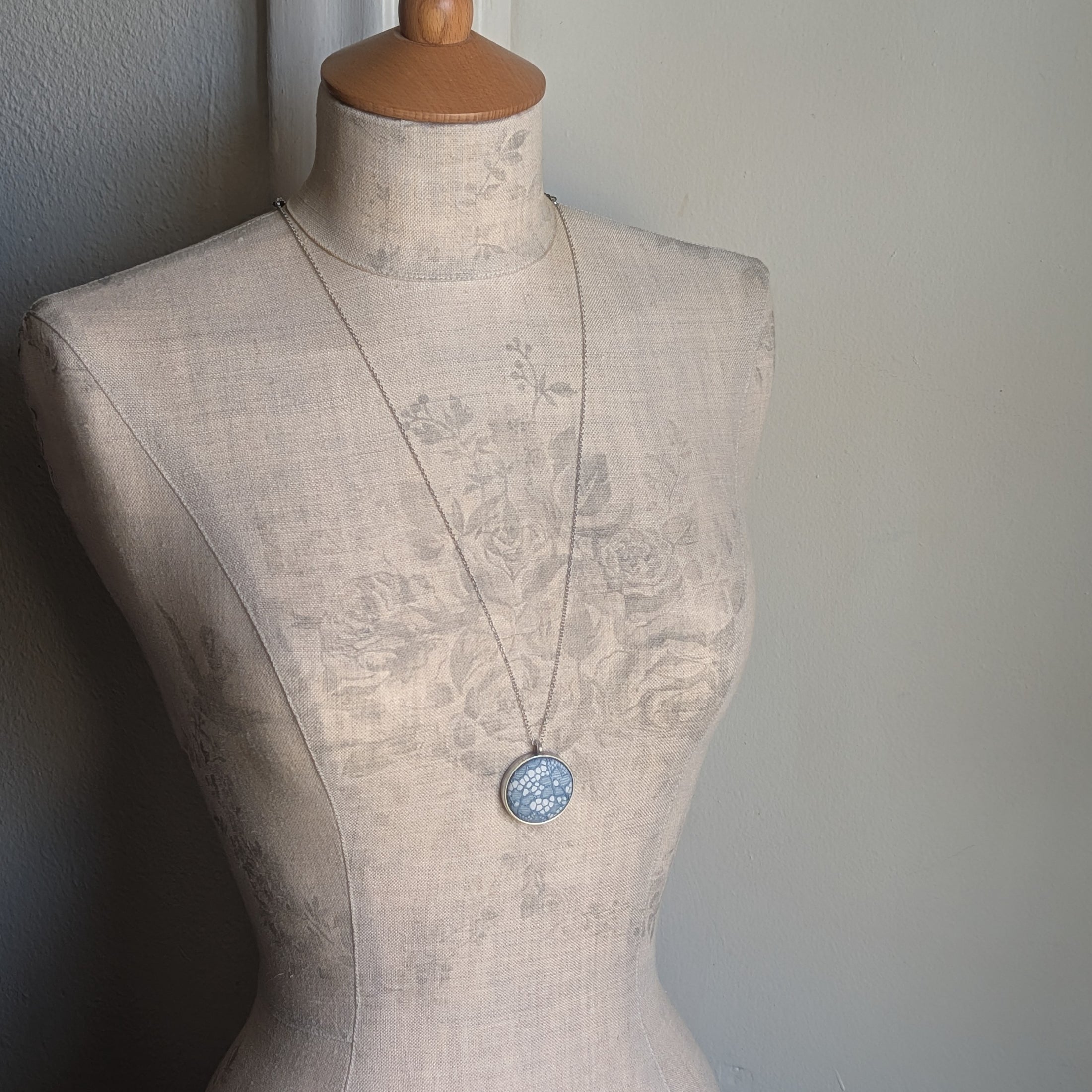Blue Vintage French Lace In Small Round Silver Pendant