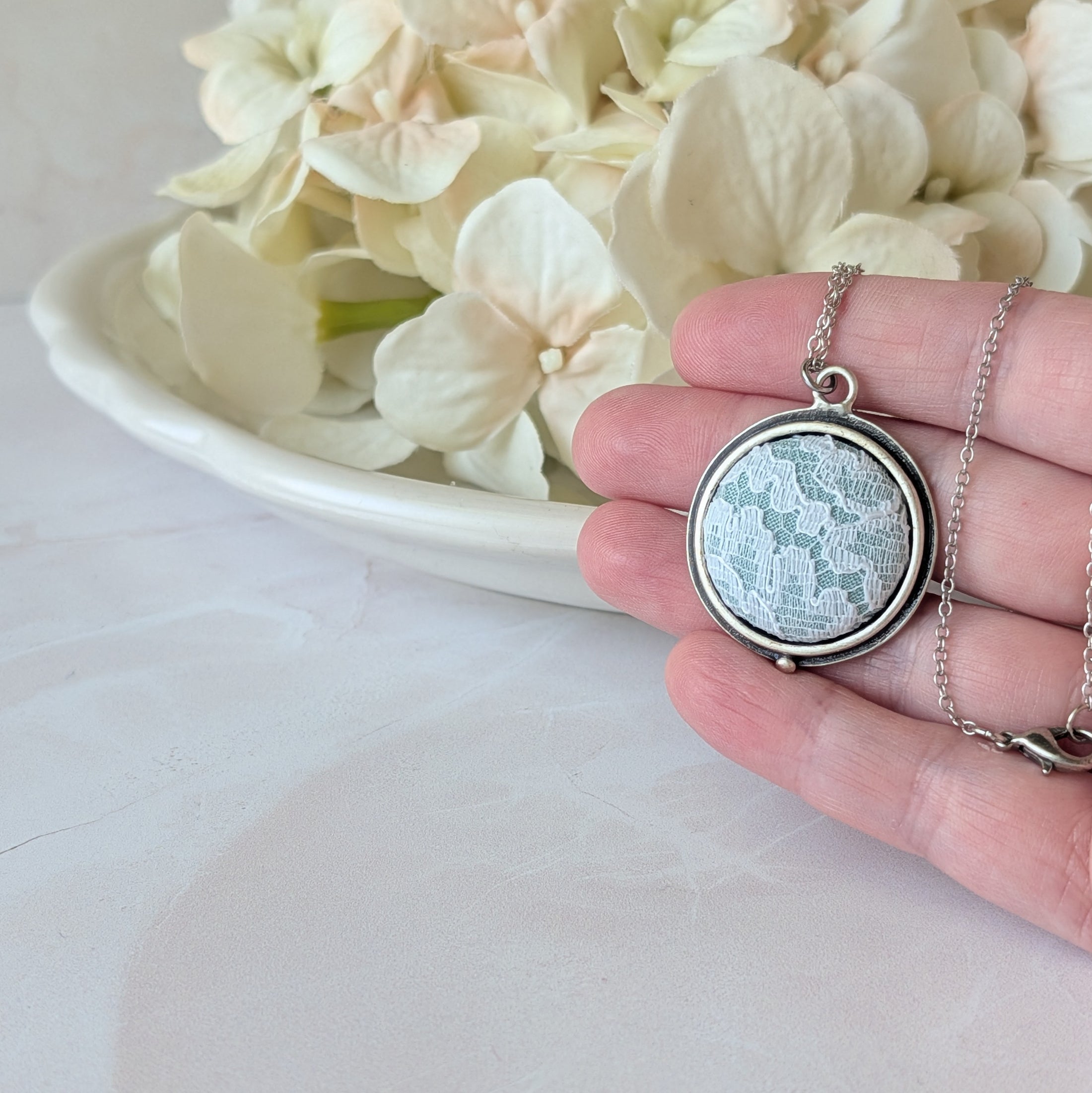 Petite Lace Pendant In Mint Green, White, And Silver