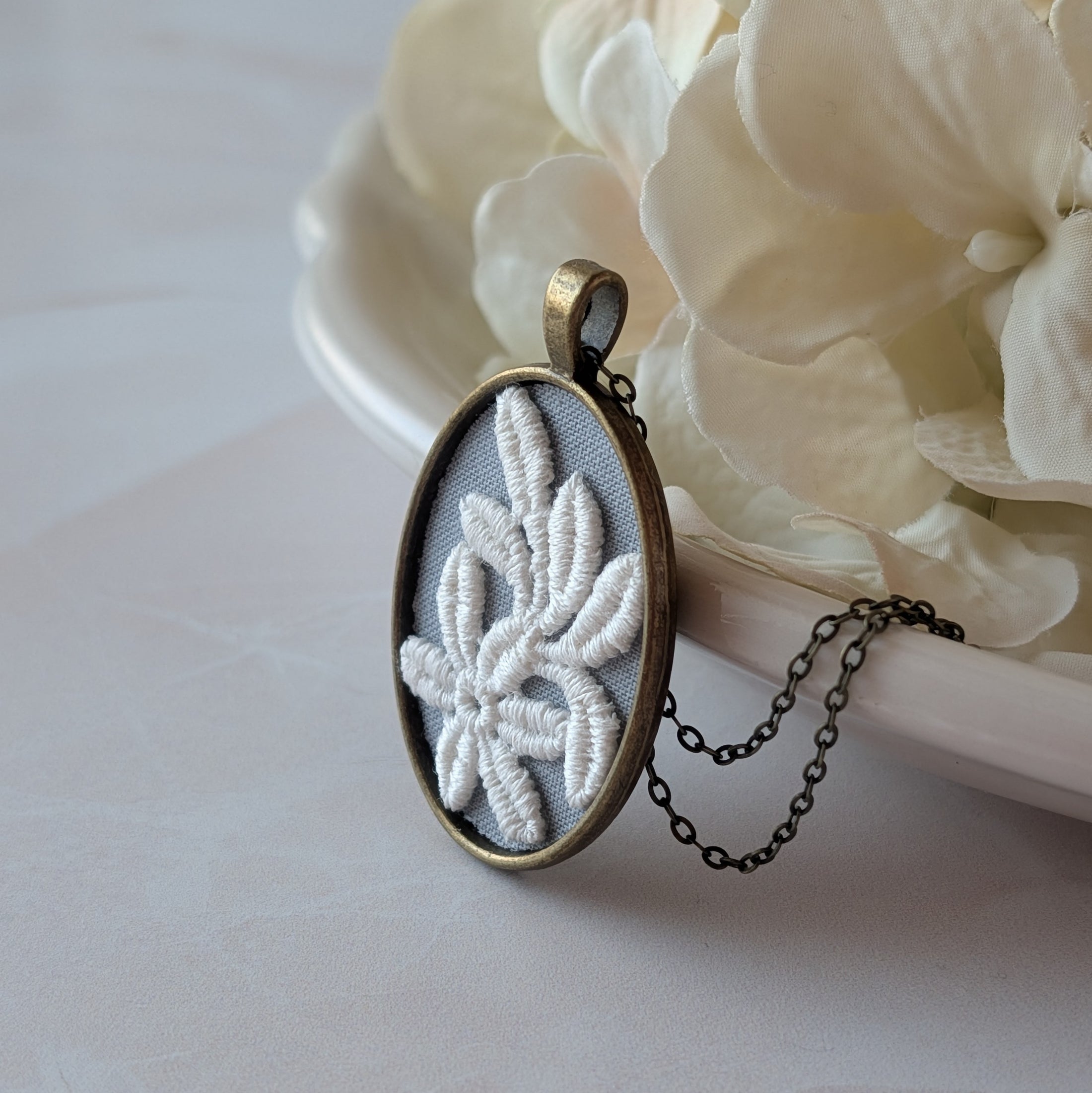 Vintage French Floral Textile Oval Pendant Necklace