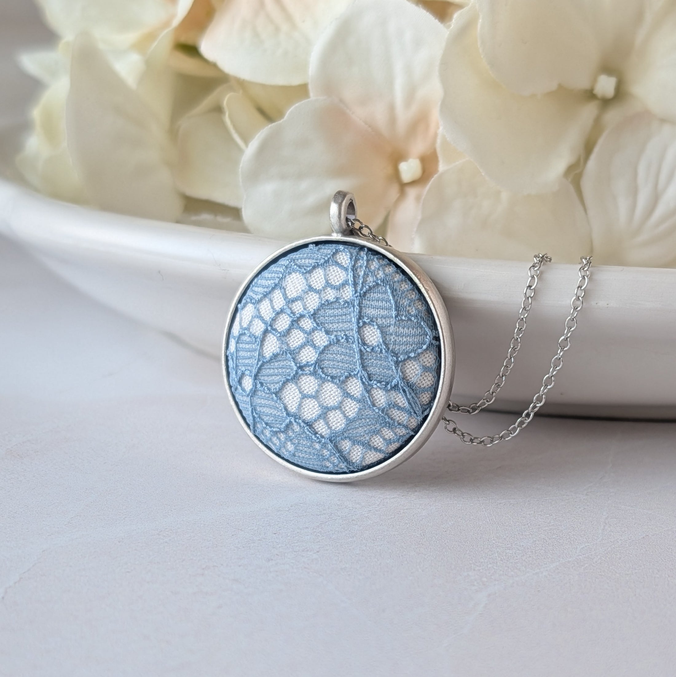 Blue Vintage French Lace In Small Round Silver Pendant