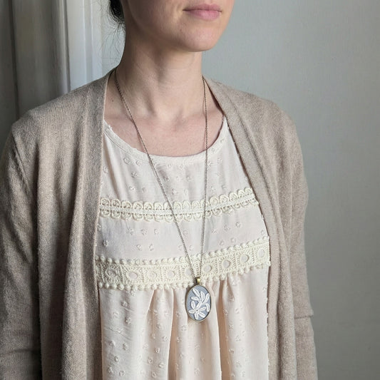 Vintage French Floral Textile Oval Pendant Necklace
