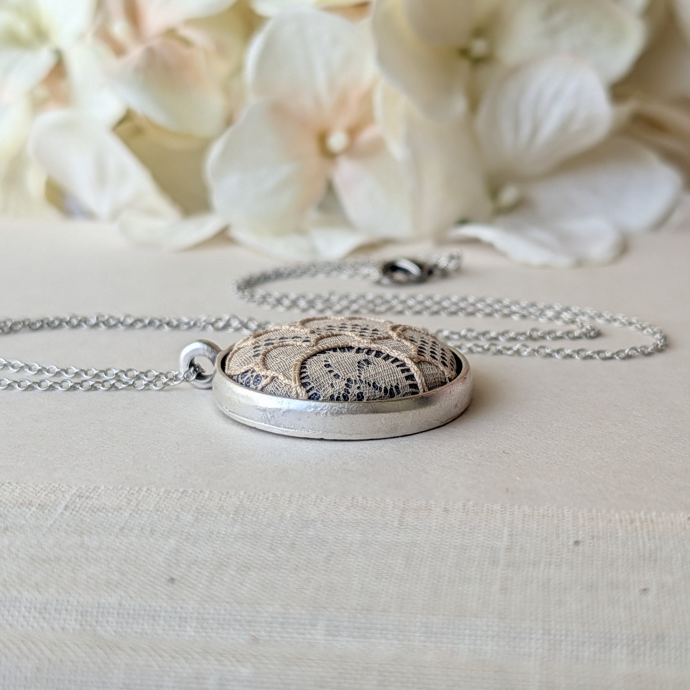 Small Silver Pendant Necklace With Antique French Lace