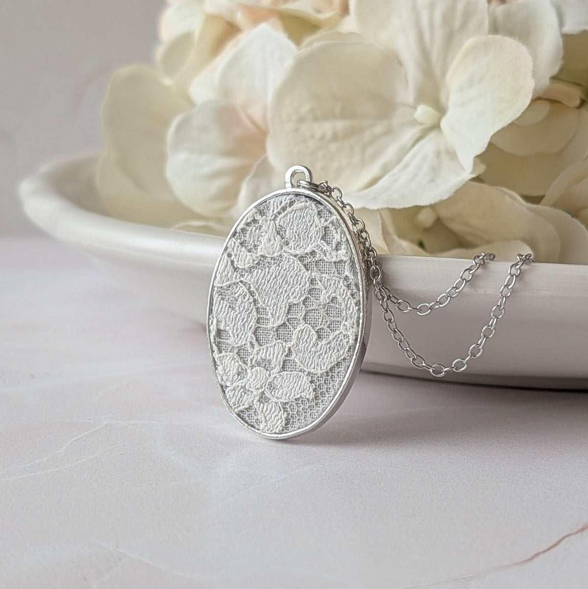 Silver Oval Pendant With Ivory 1920s French Lace