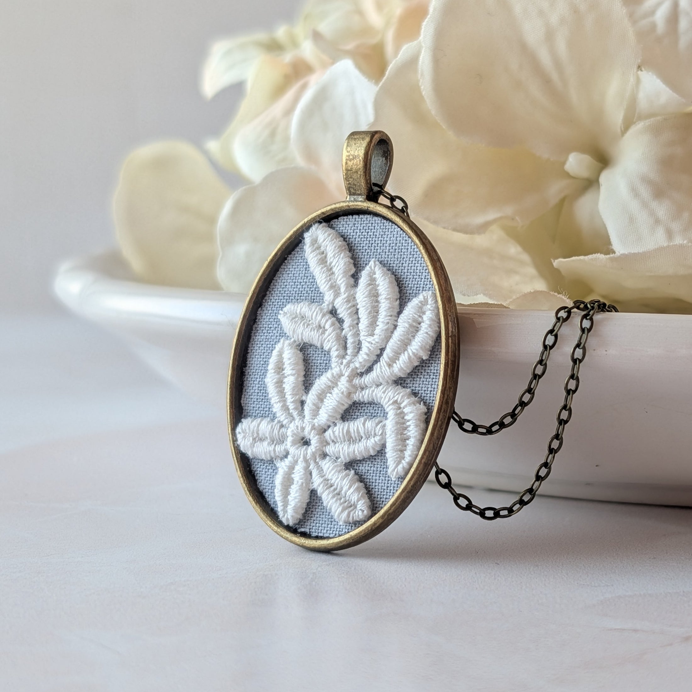 Vintage French Floral Textile Oval Pendant Necklace