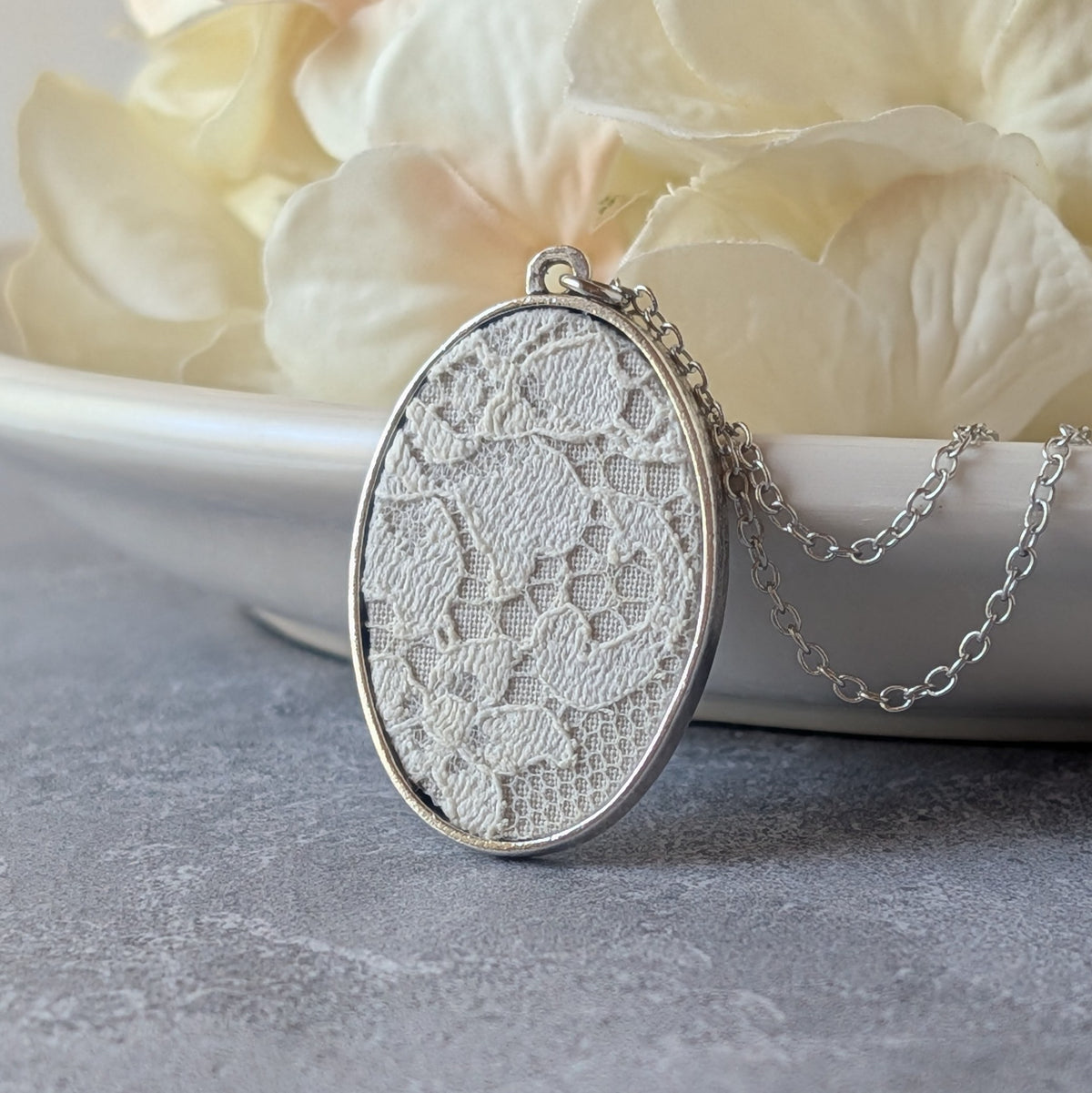 Silver Oval Pendant With Ivory 1920s French Lace