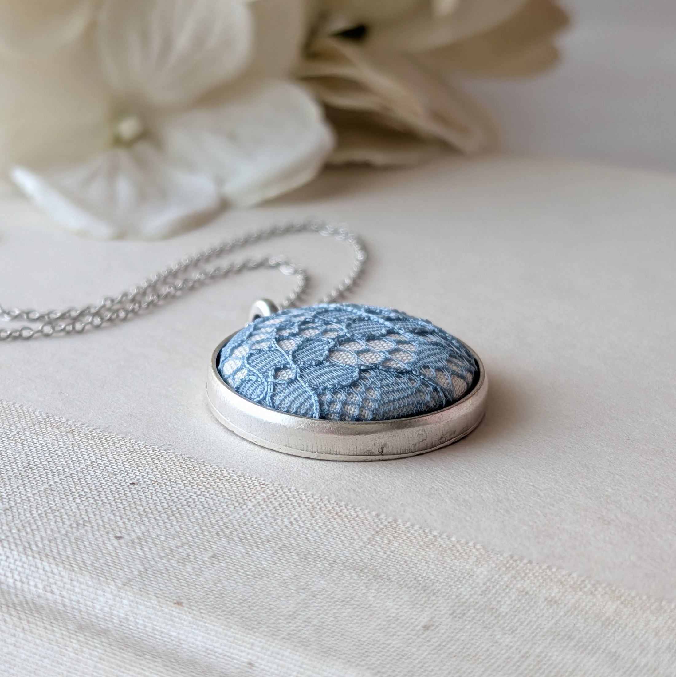 Blue Vintage French Lace In Small Round Silver Pendant