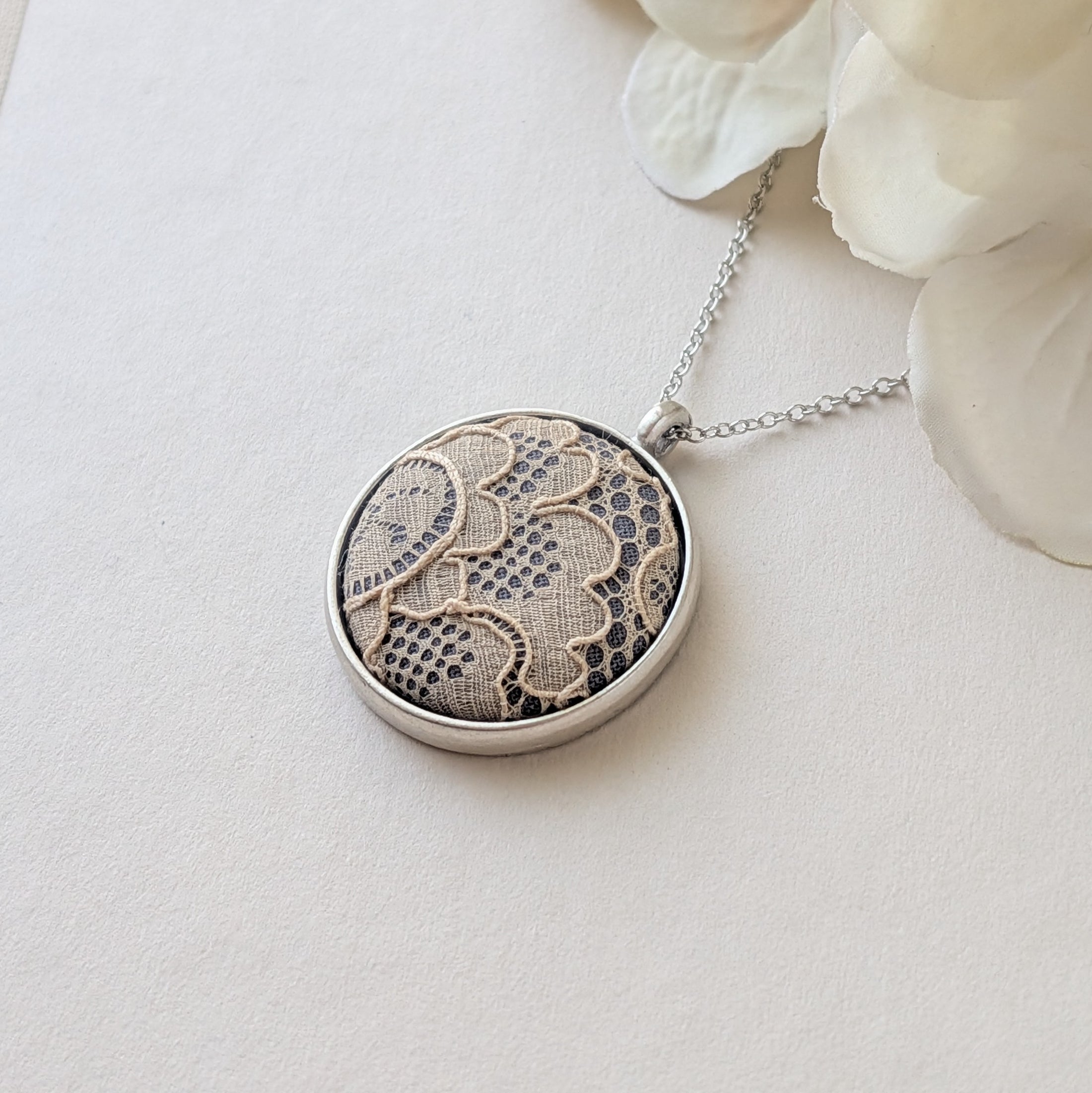 Small Silver Pendant Necklace With Antique French Lace