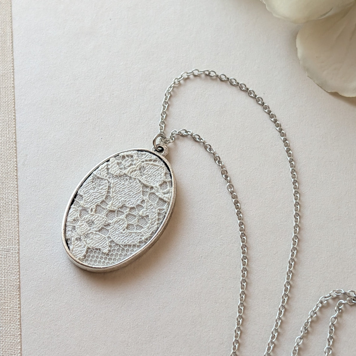 Silver Oval Pendant With Ivory 1920s French Lace