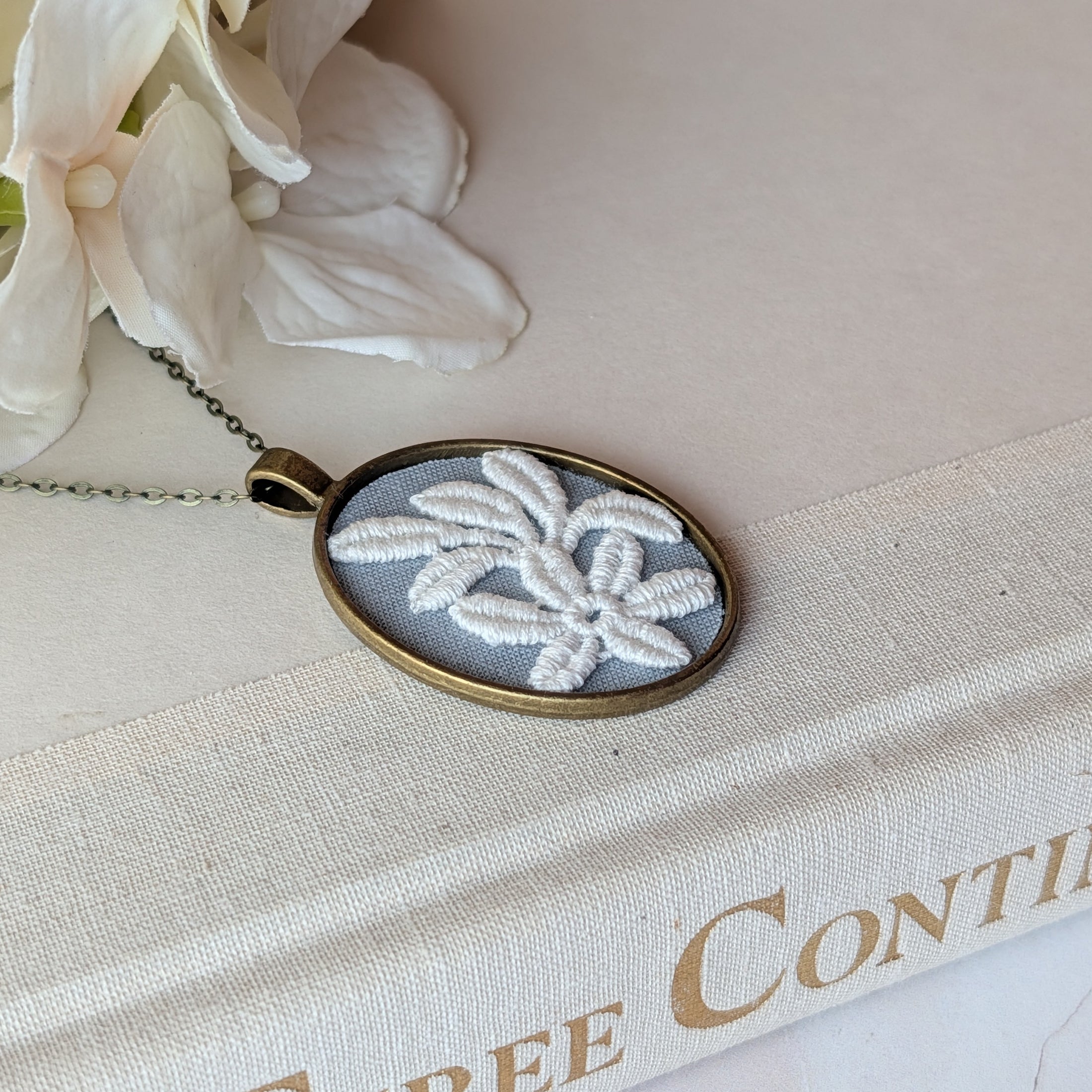 Vintage French Floral Textile Oval Pendant Necklace