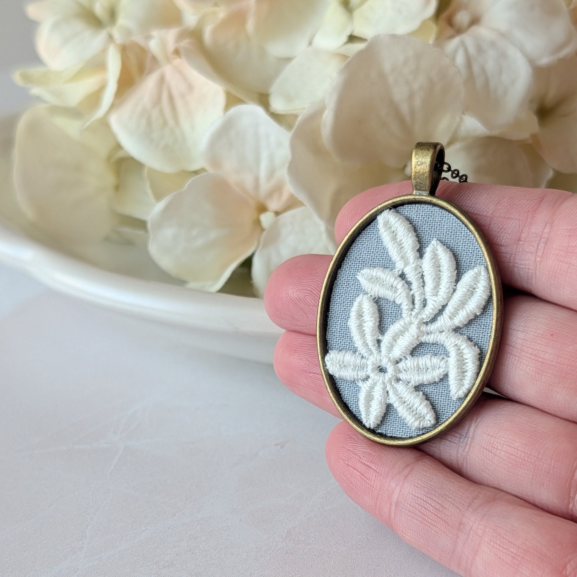Vintage French Floral Textile Oval Pendant Necklace