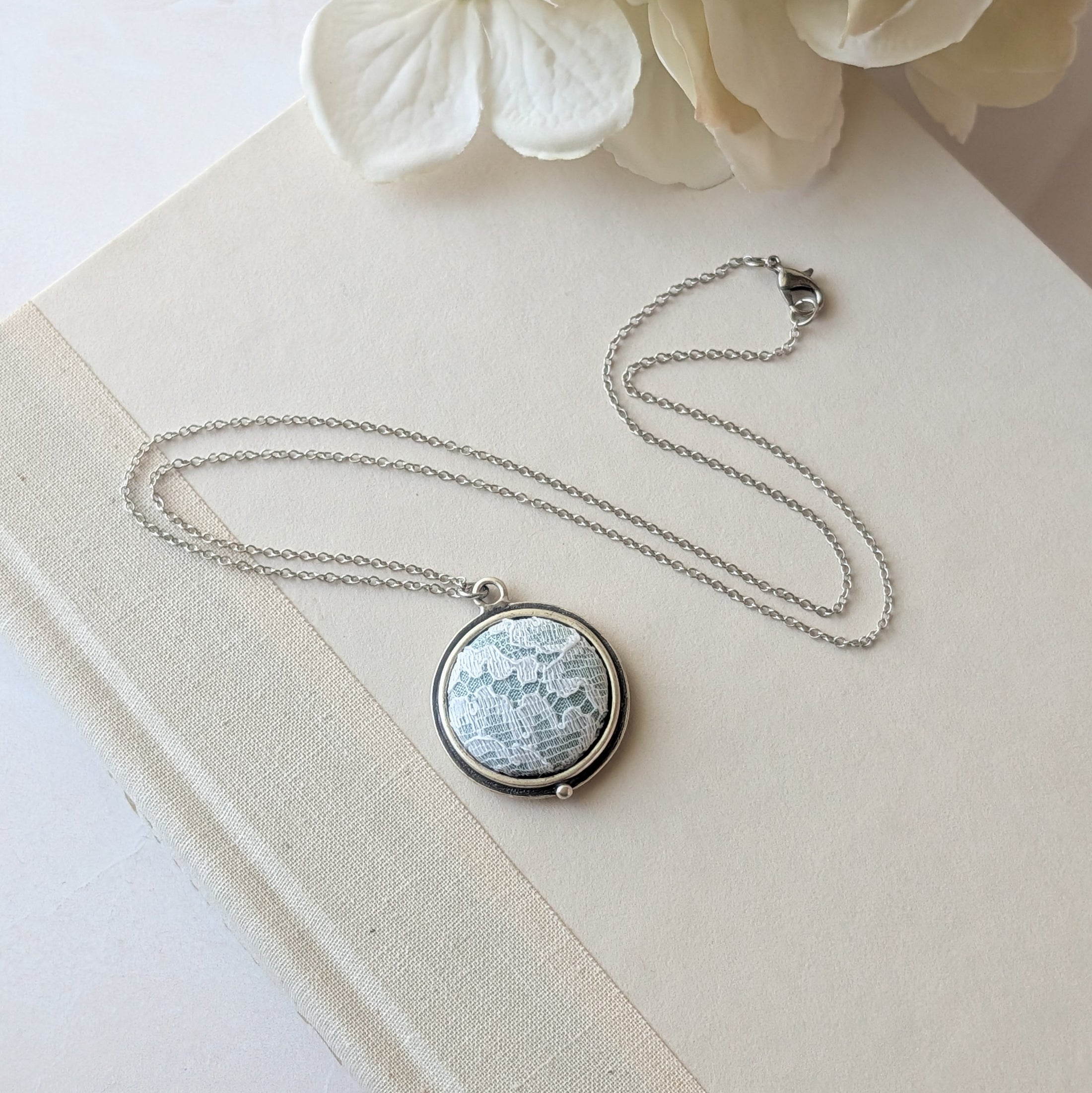Petite Lace Pendant In Mint Green, White, And Silver