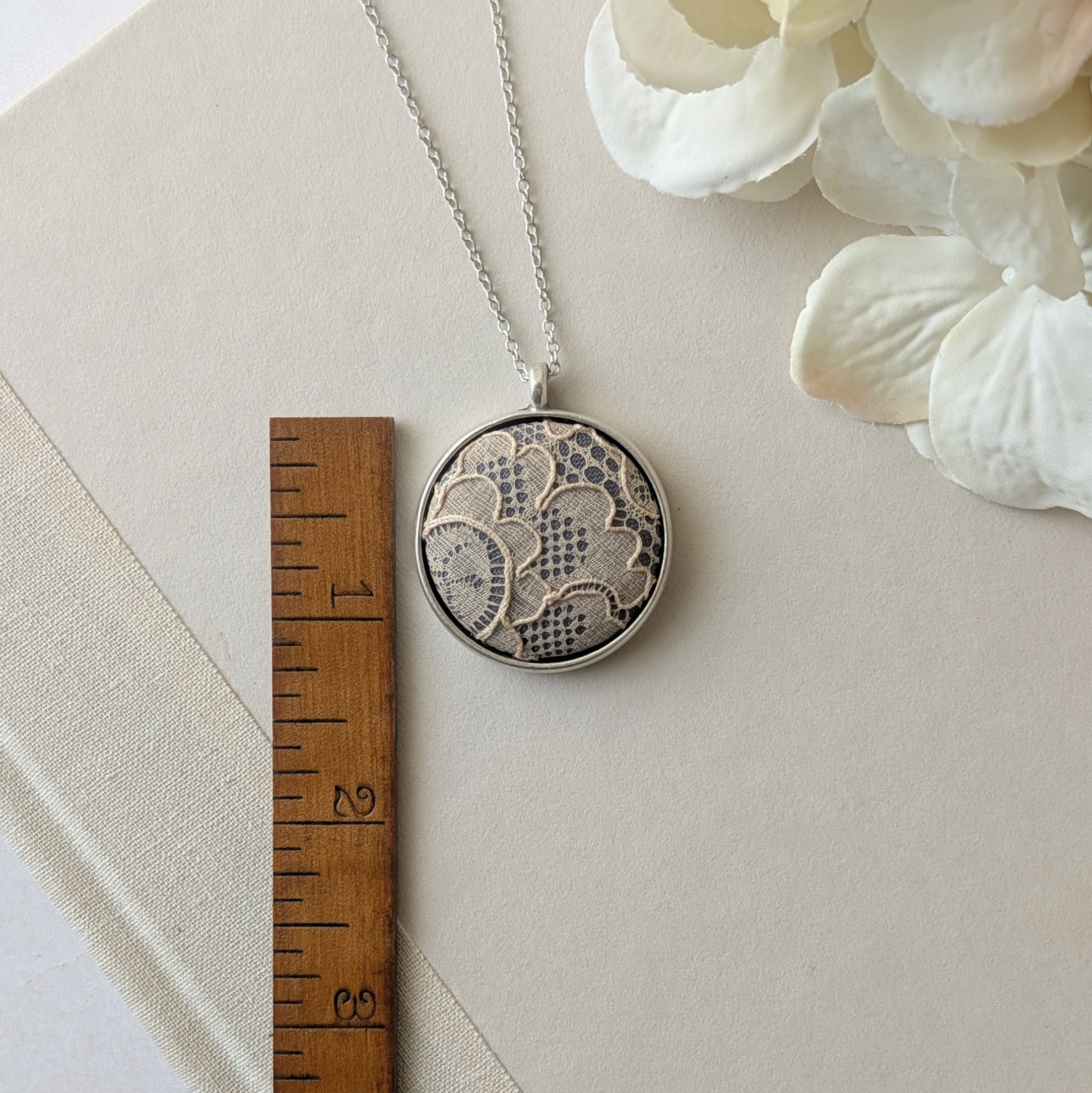 Small Silver Pendant Necklace With Antique French Lace