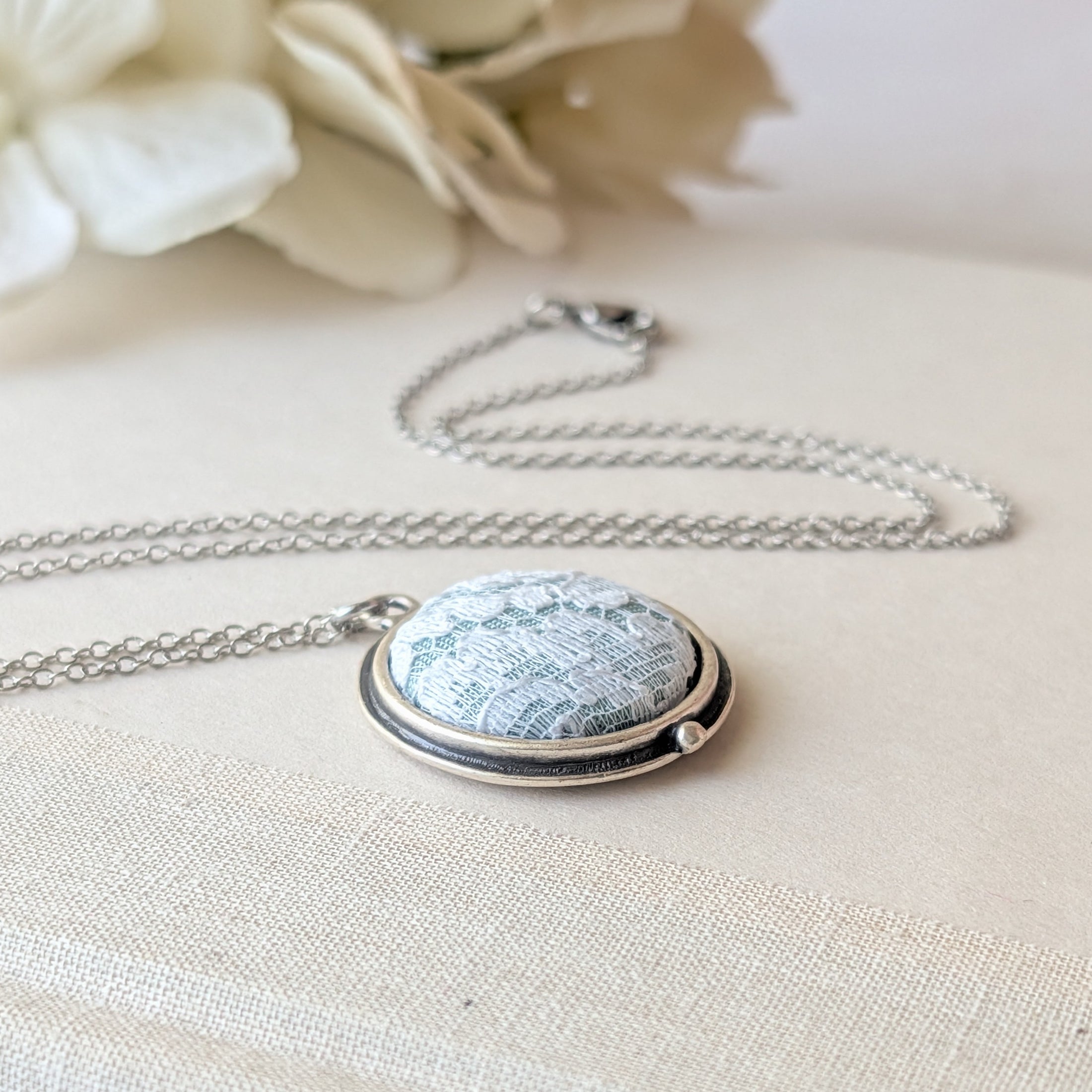 Petite Lace Pendant In Mint Green, White, And Silver