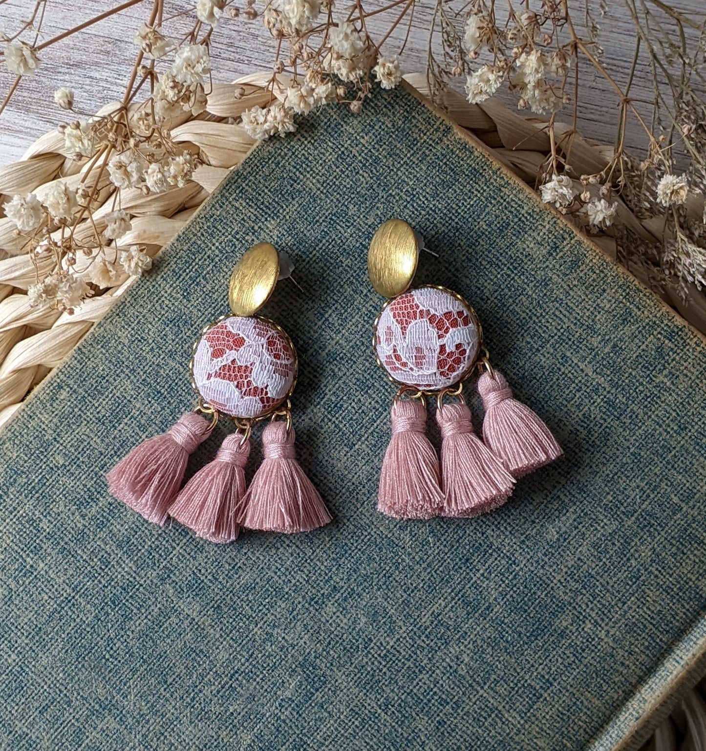 Vintage Lace Tassel Earrings - Terracotta Orange, Pastel Pink, Gold Brass