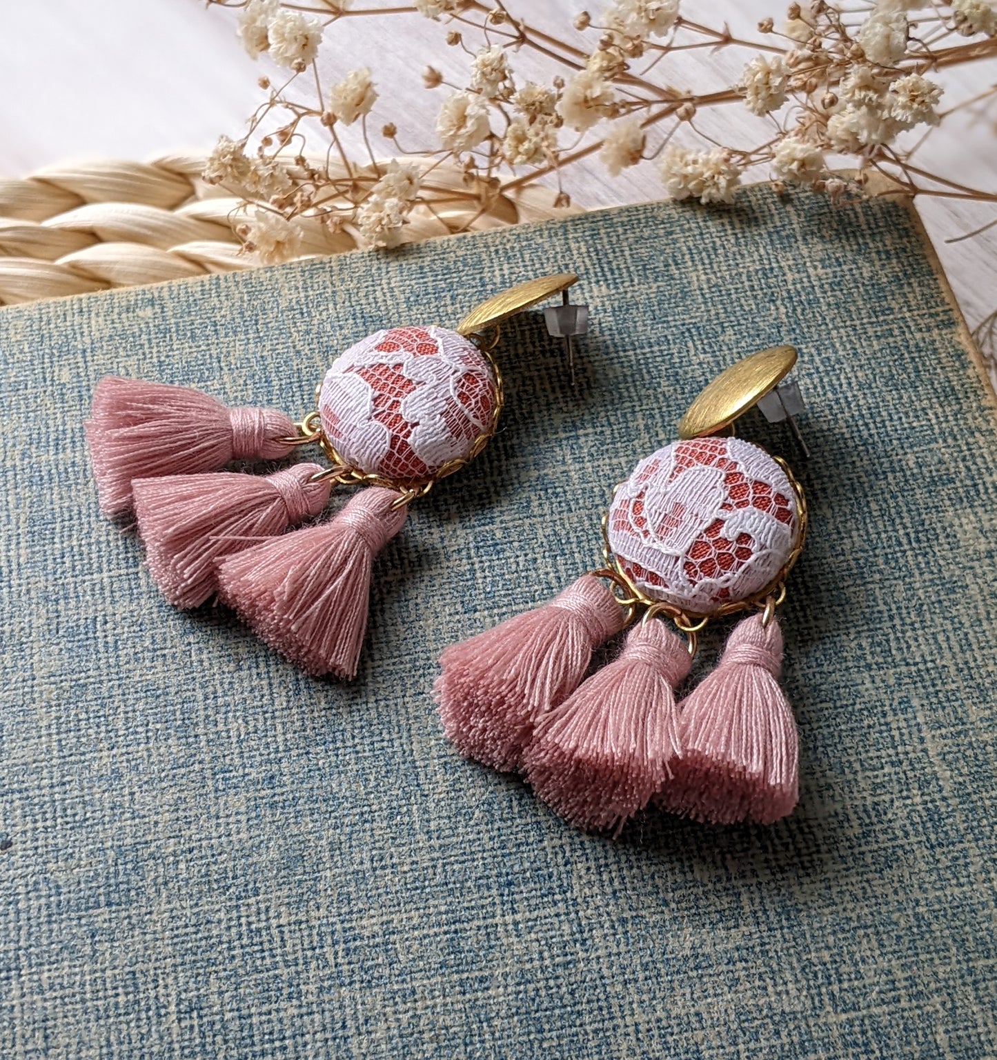 Vintage Lace Tassel Earrings - Terracotta Orange, Pastel Pink, Gold Brass