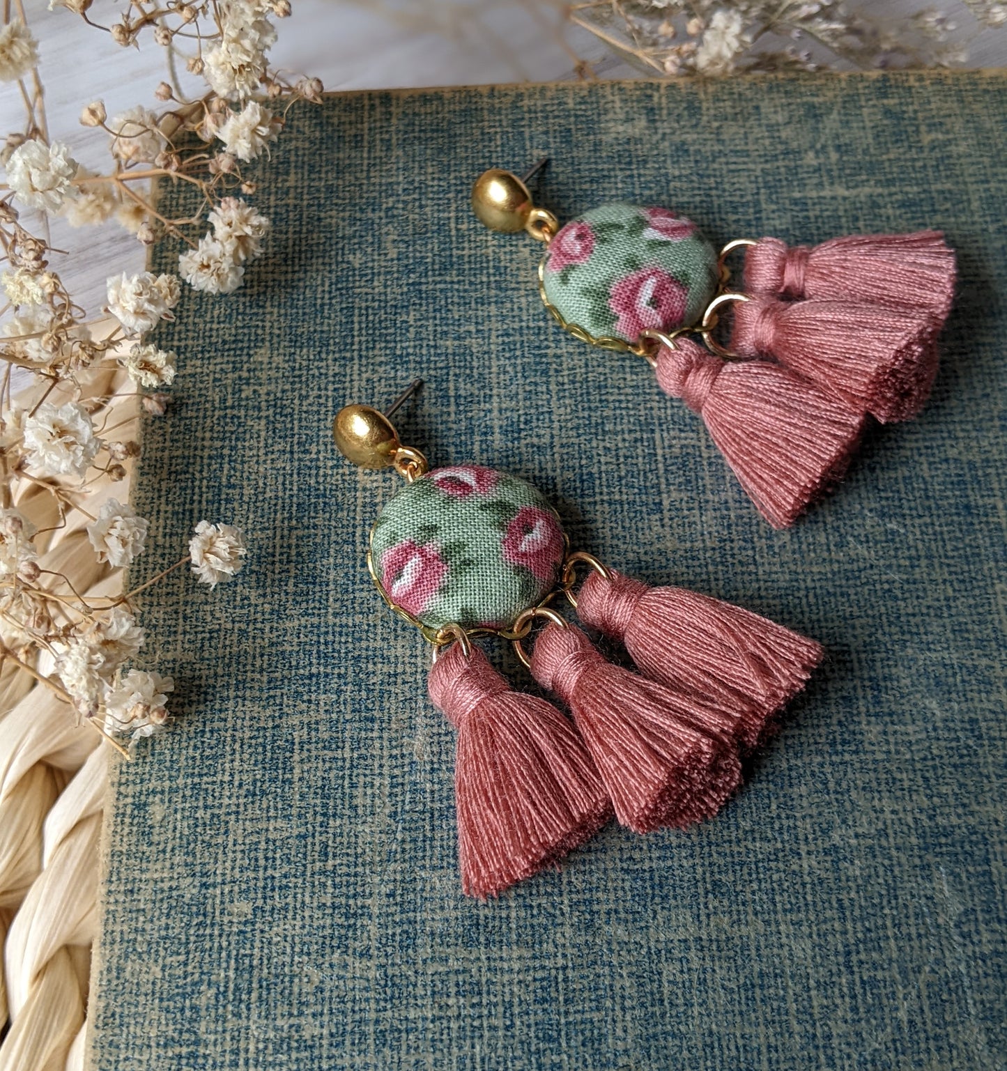 Vintage Floral Fabric Fan Tassel Earrings, Mauve Pink And Sage Green