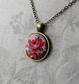 Small Pink And Red Rose Necklace, Handmade With Cute Vintage Floral Fabric