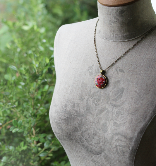 Small Pink And Red Rose Necklace, Handmade With Cute Vintage Floral Fabric