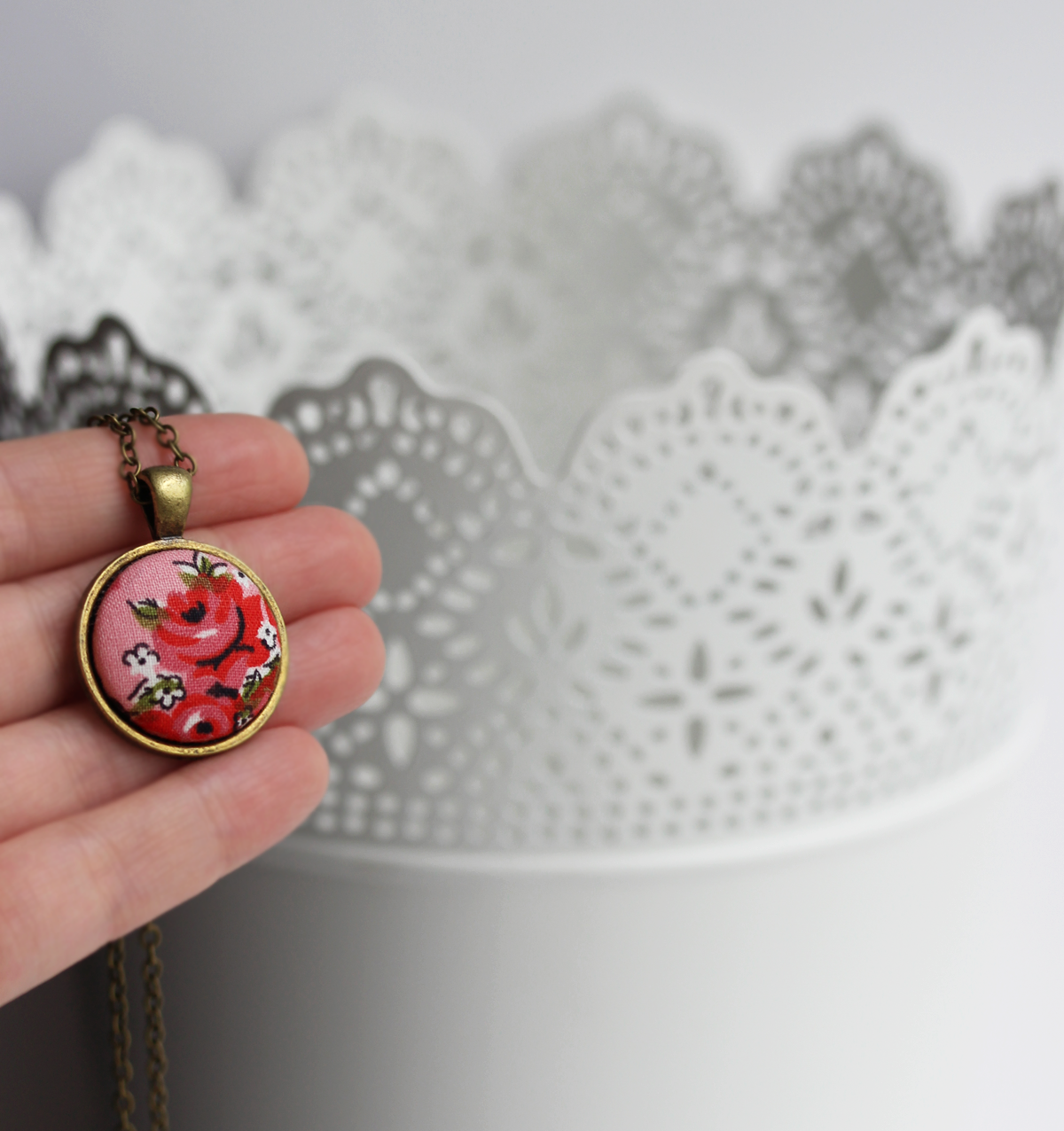 Small Pink And Red Rose Necklace, Handmade With Cute Vintage Floral Fabric