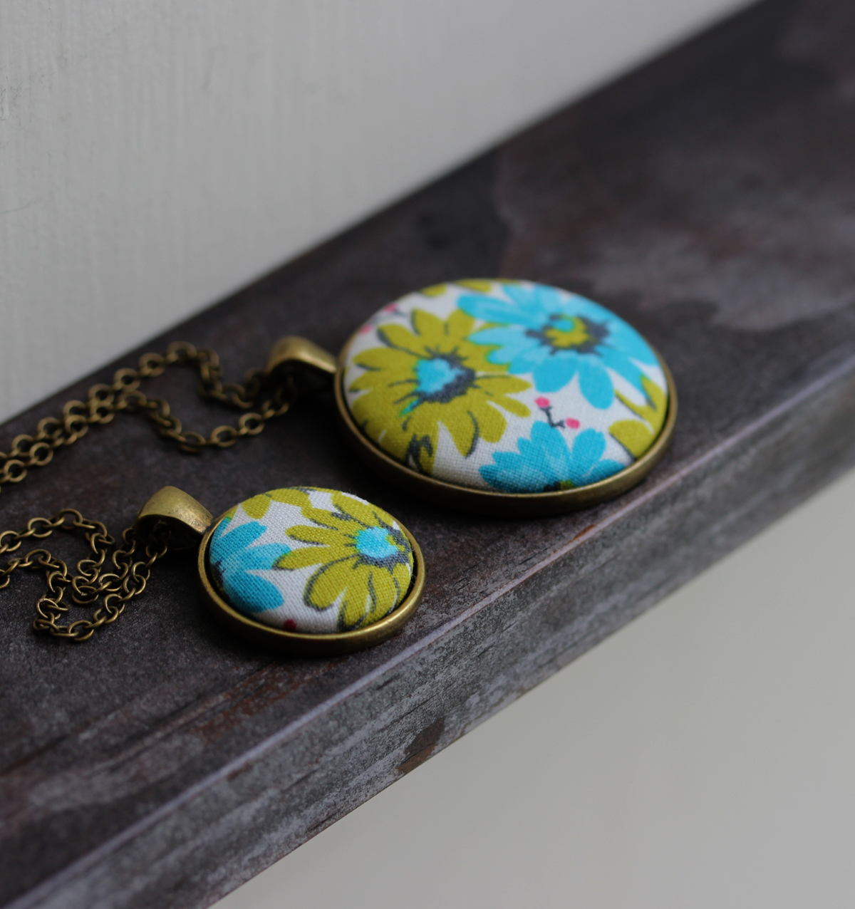 Retro Necklace, Chartreuse Green And Blue Floral Fabric Pendant