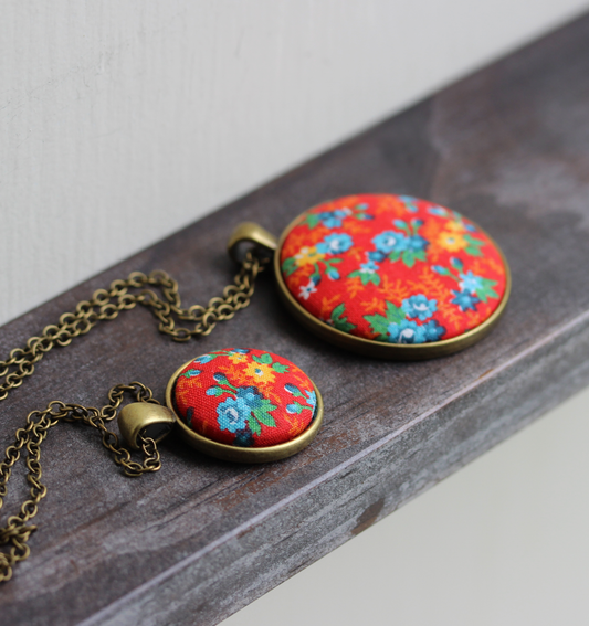 Vintage Fabric Pendant, Red Floral, Small Or Large