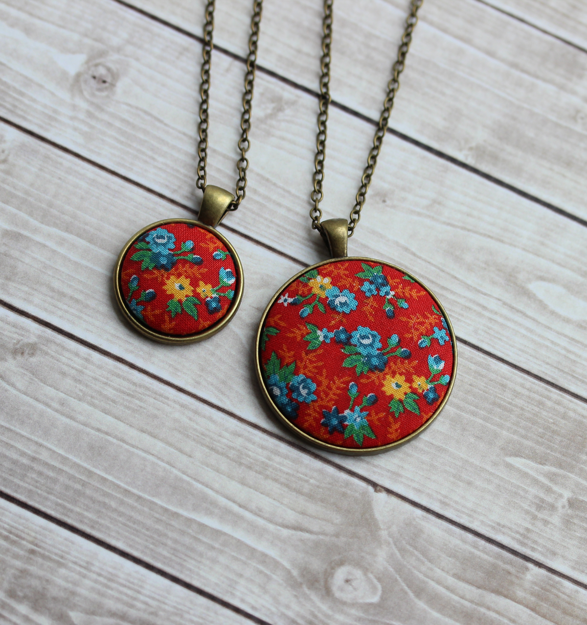 Vintage Fabric Pendant, Red Floral, Small Or Large