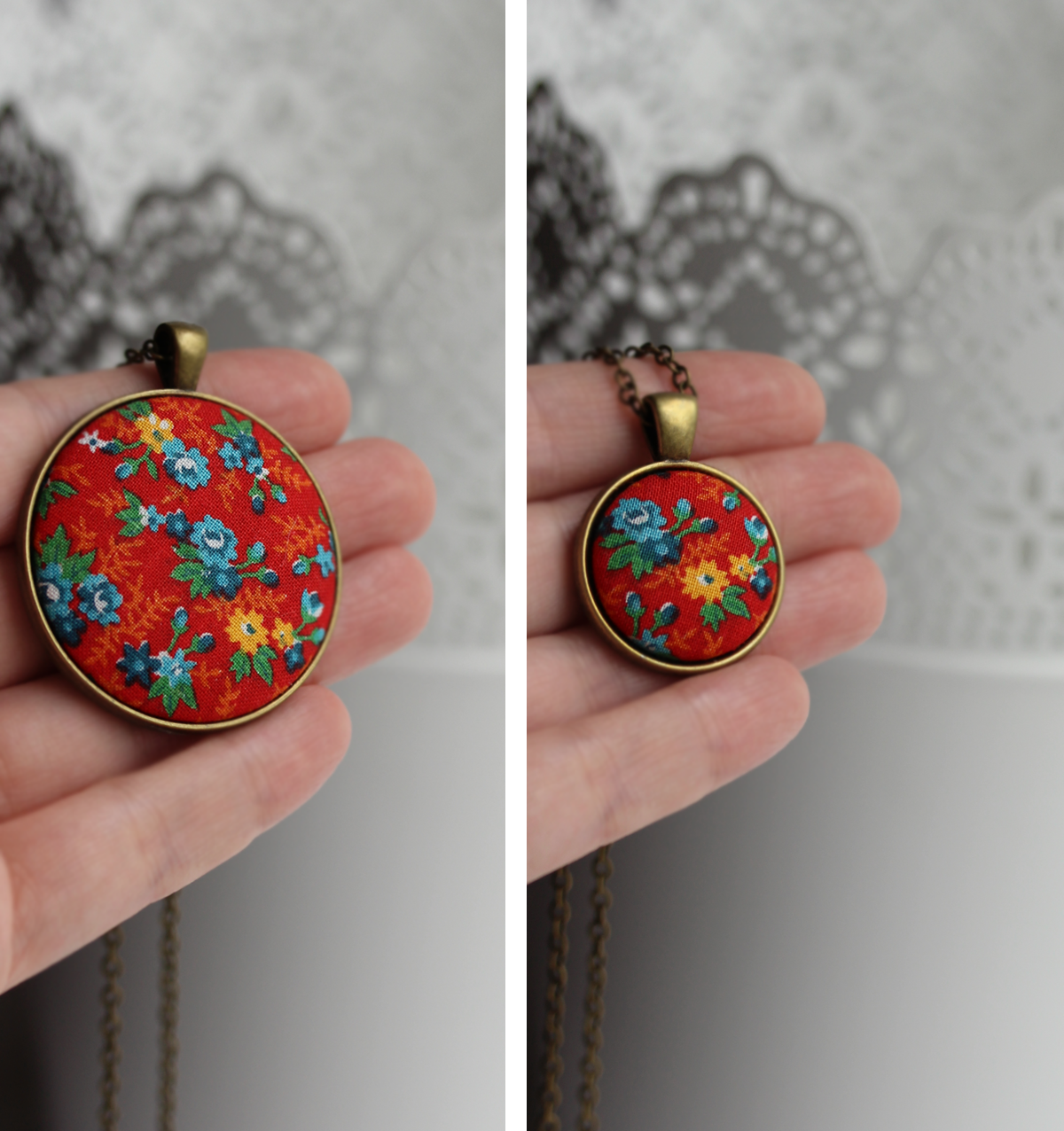 Vintage Fabric Pendant, Red Floral, Small Or Large