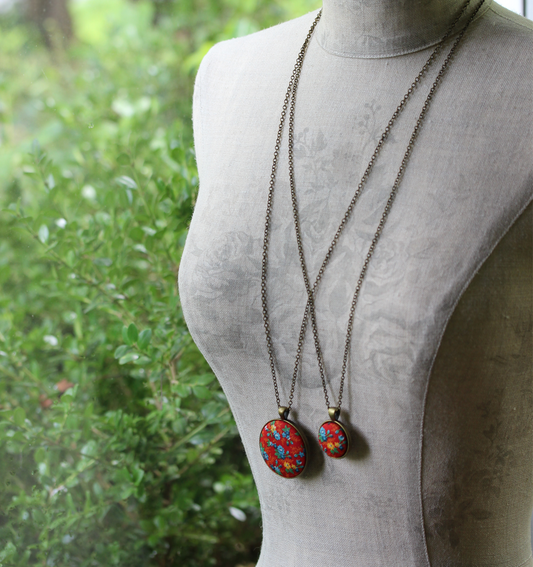 Vintage Fabric Pendant, Red Floral, Small Or Large