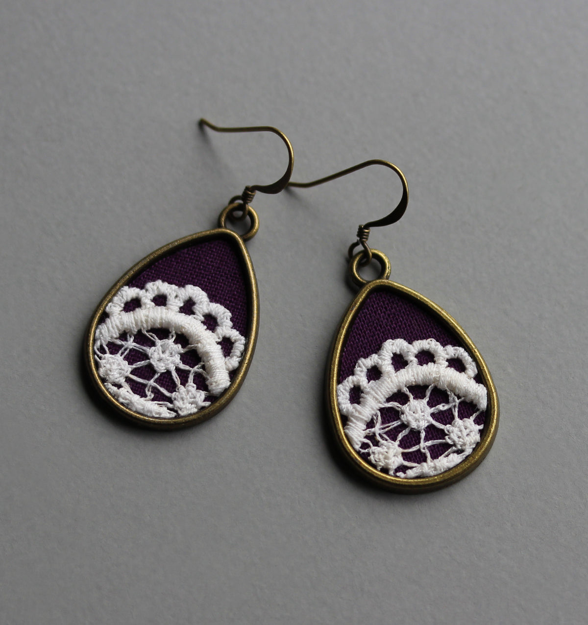 Purple Teardrop Earrings, Boho Vintage Lace Jewelry