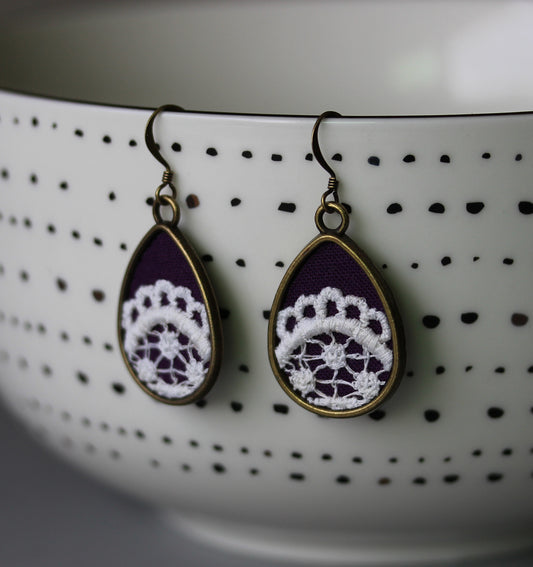 Purple Teardrop Earrings, Boho Vintage Lace Jewelry