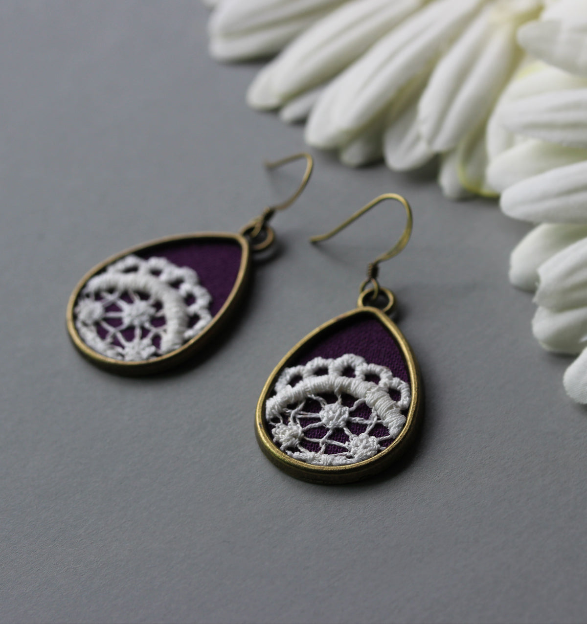 Purple Teardrop Earrings, Boho Vintage Lace Jewelry