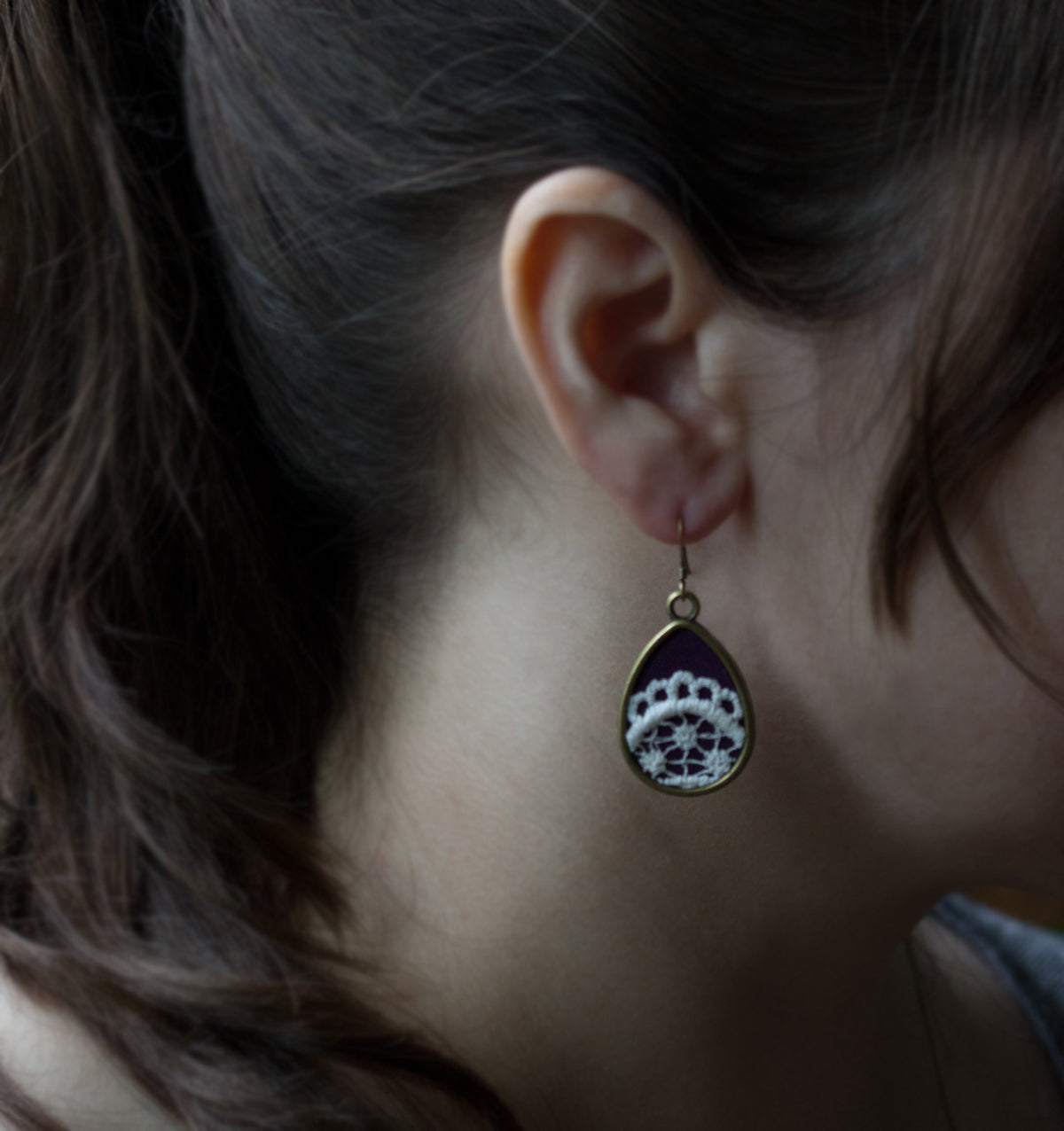 Purple Teardrop Earrings, Boho Vintage Lace Jewelry