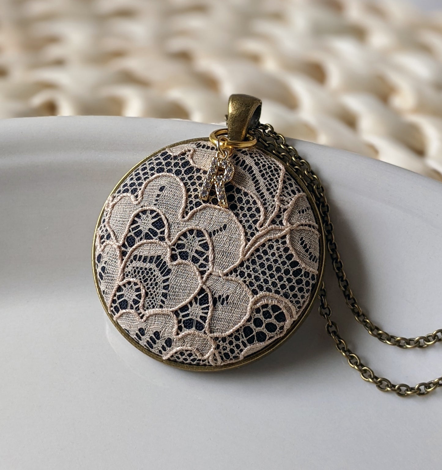 Vintage Lace Pendant, Personalized Initial Necklace, Anniversary Gift For Wife