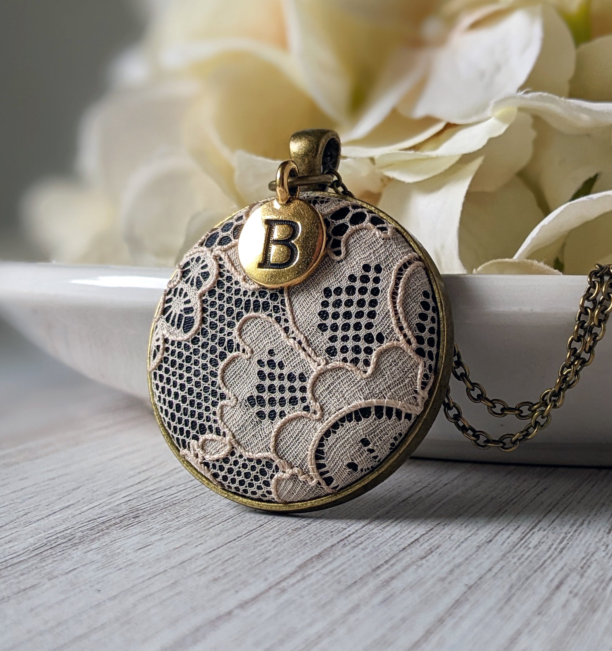 Antique 1920s Cotton Lace And Black Fabric Necklace With Gold Initial Charm