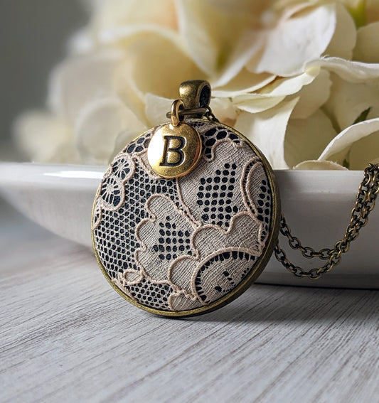 Antique 1920s Cotton Lace And Black Fabric Necklace With Gold Initial Charm