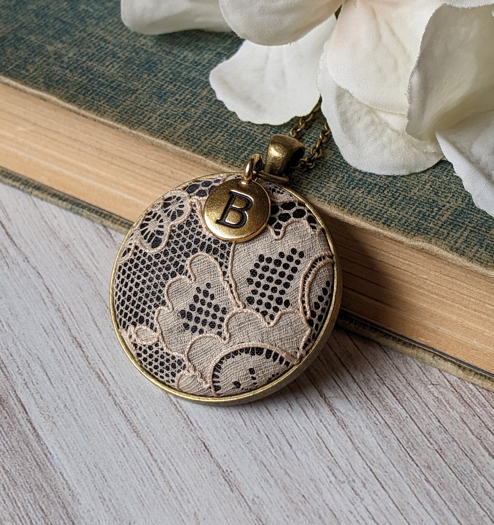 Antique 1920s Cotton Lace And Black Fabric Necklace With Gold Initial Charm