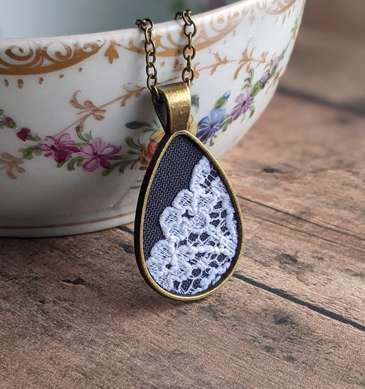 Floral Black And White Lace Teardrop Pendant