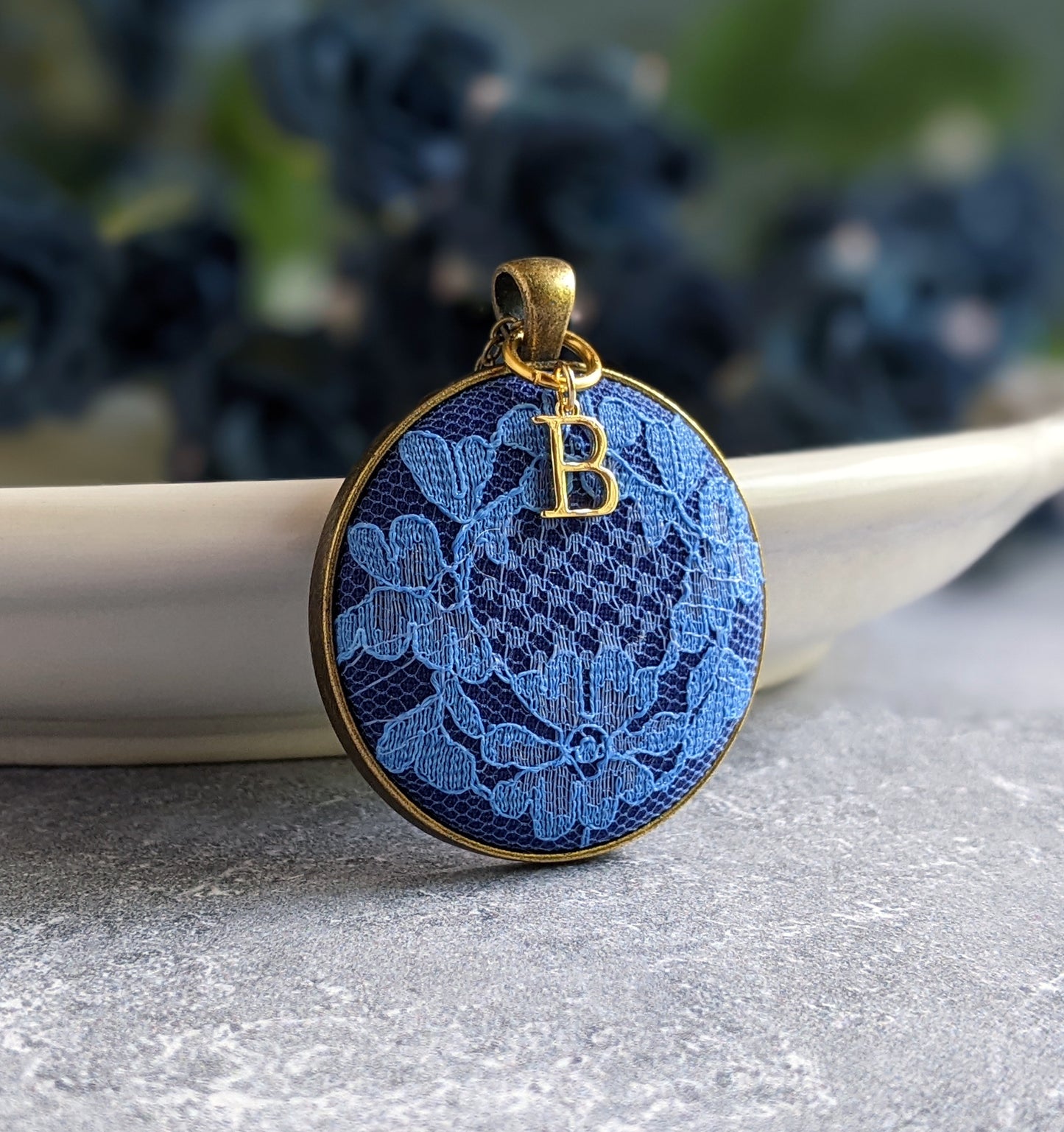 Initial Necklace With Vintage Blue Flower Lace, Anniversary Gift Idea For Wife Or Bride, Personalized Gift For Her