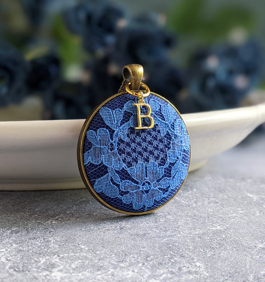 Initial Necklace With Vintage Blue Flower Lace, Anniversary Gift Idea For Wife Or Bride, Personalized Gift For Her