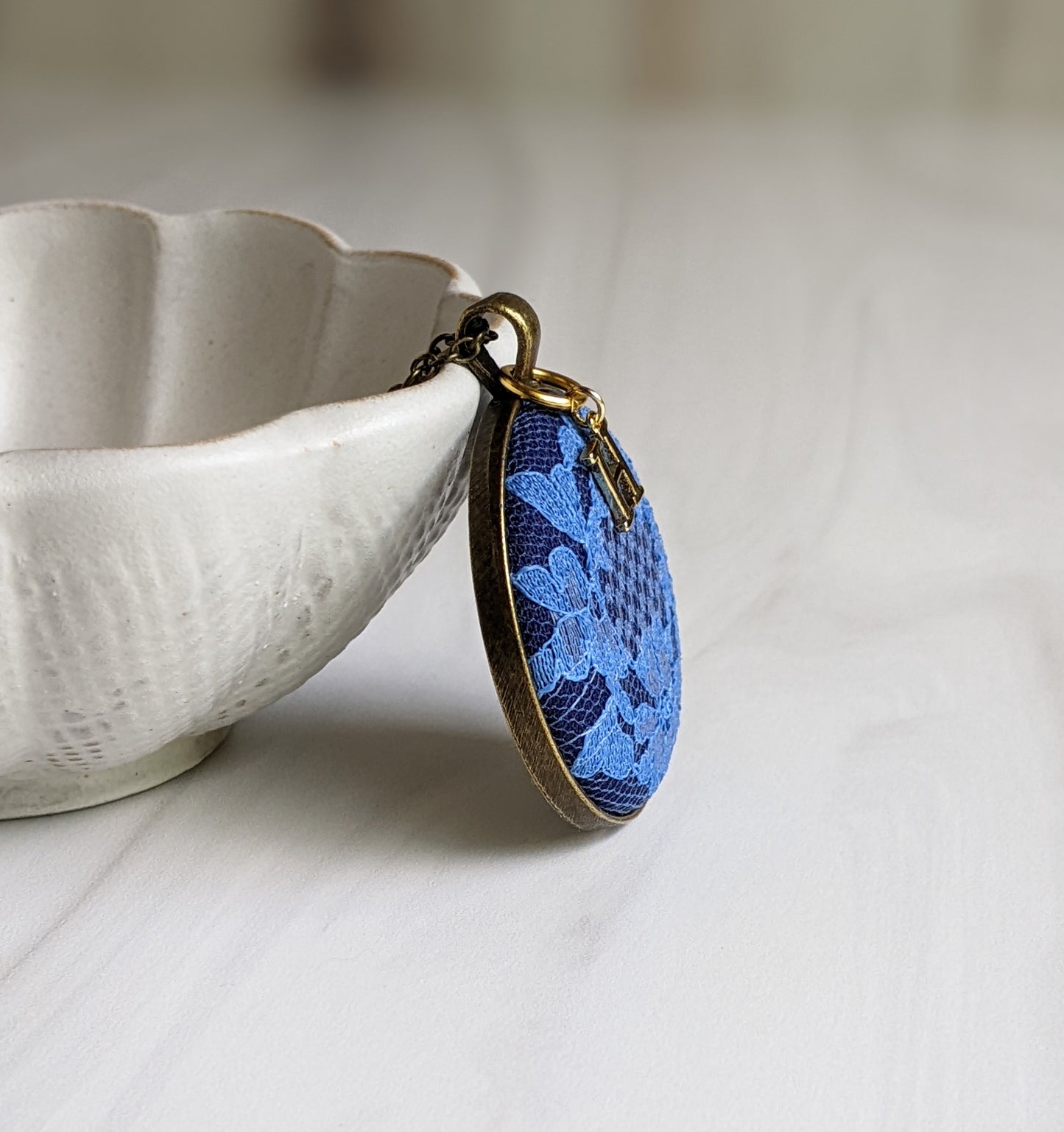 Initial Necklace With Vintage Blue Flower Lace, Anniversary Gift Idea For Wife Or Bride, Personalized Gift For Her