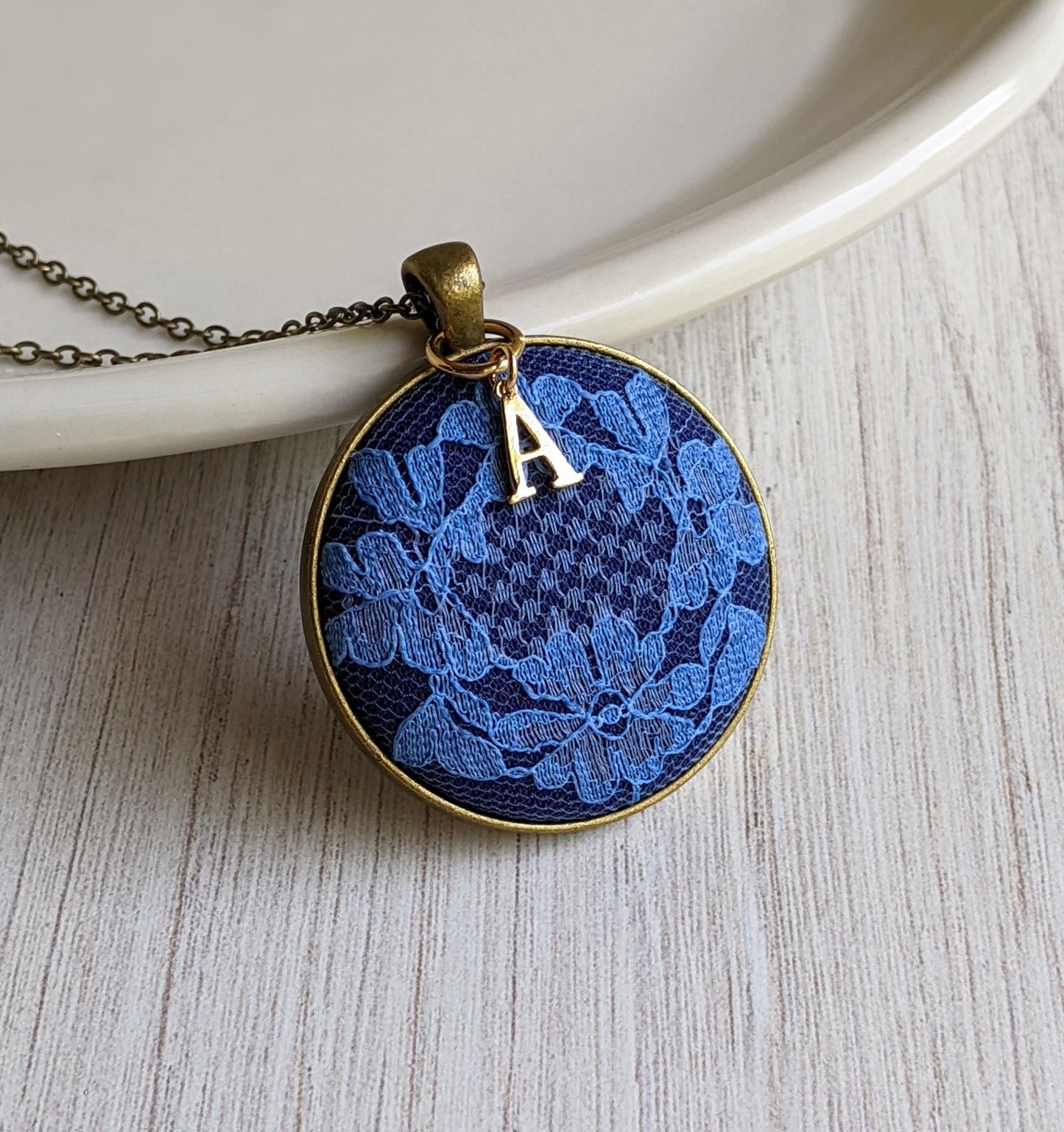 Initial Necklace With Vintage Blue Flower Lace, Anniversary Gift Idea For Wife Or Bride, Personalized Gift For Her