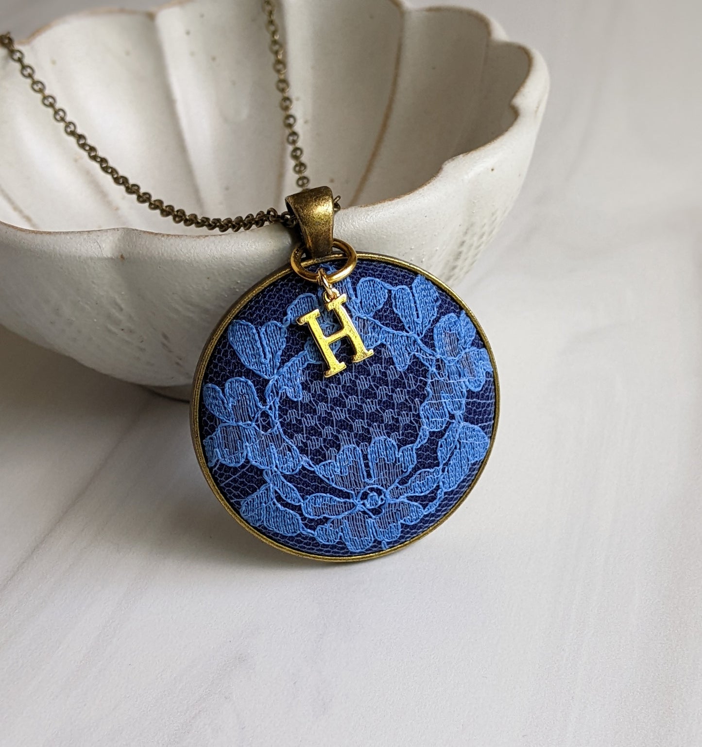 Initial Necklace With Vintage Blue Flower Lace, Anniversary Gift Idea For Wife Or Bride, Personalized Gift For Her