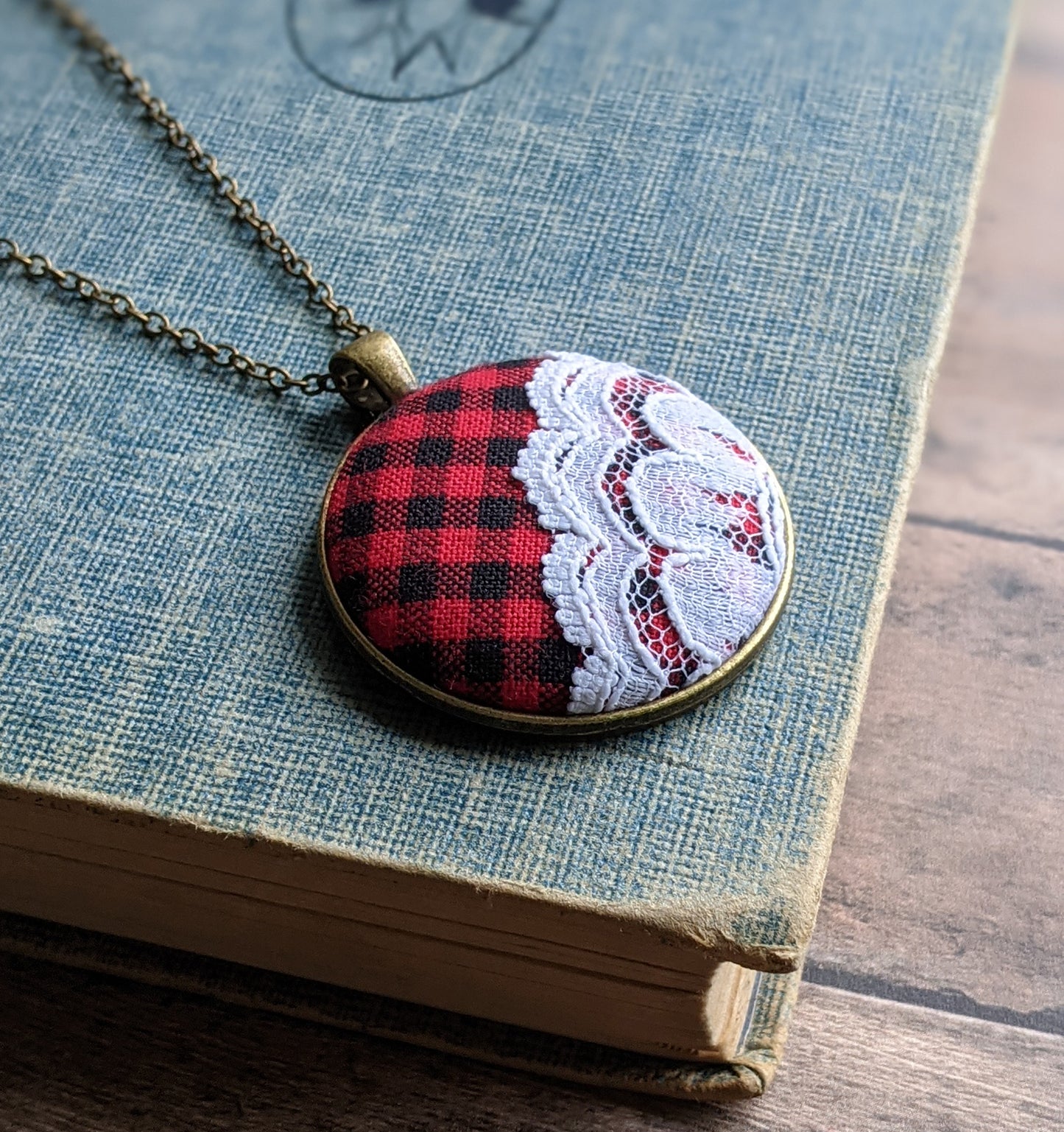 Buffalo Plaid Fabric Necklace With Lace, Red, Black, White