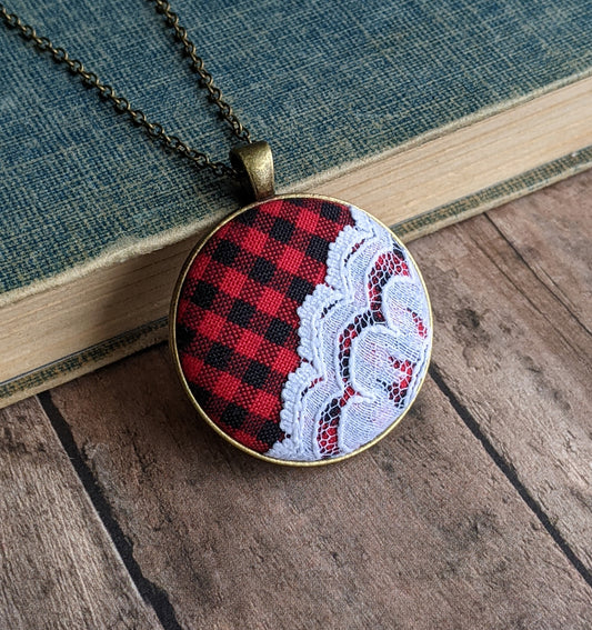 Buffalo Plaid Fabric Necklace With Lace, Red, Black, White