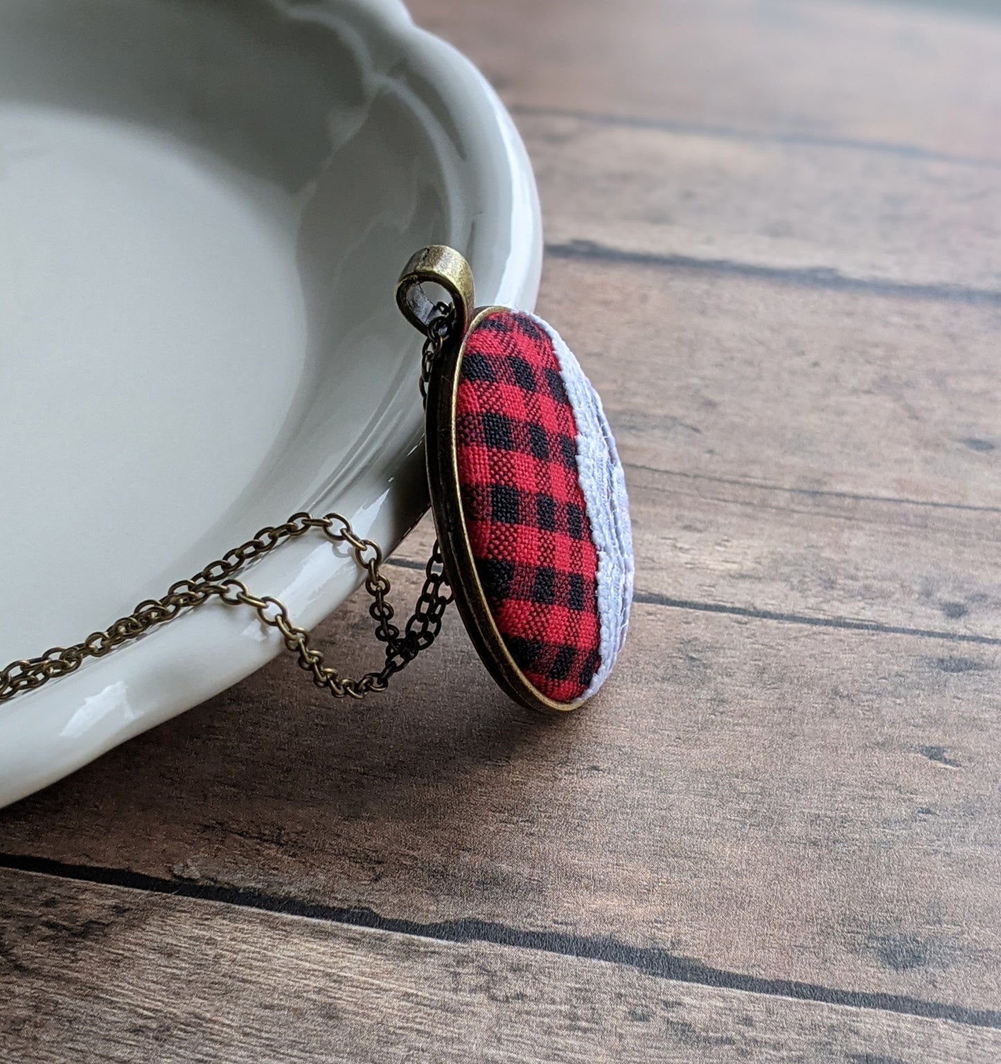 Buffalo Plaid Fabric Necklace With Lace, Red, Black, White