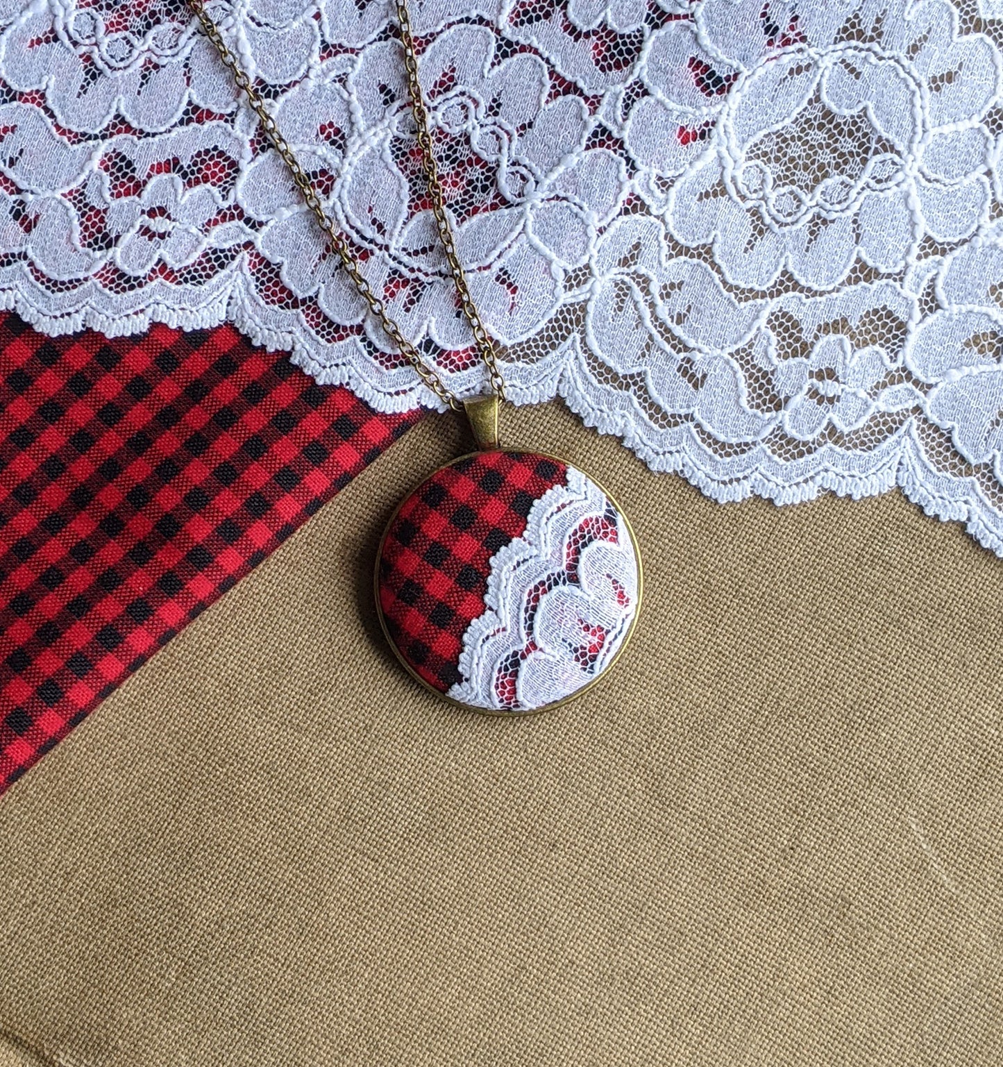 Buffalo Plaid Fabric Necklace With Lace, Red, Black, White