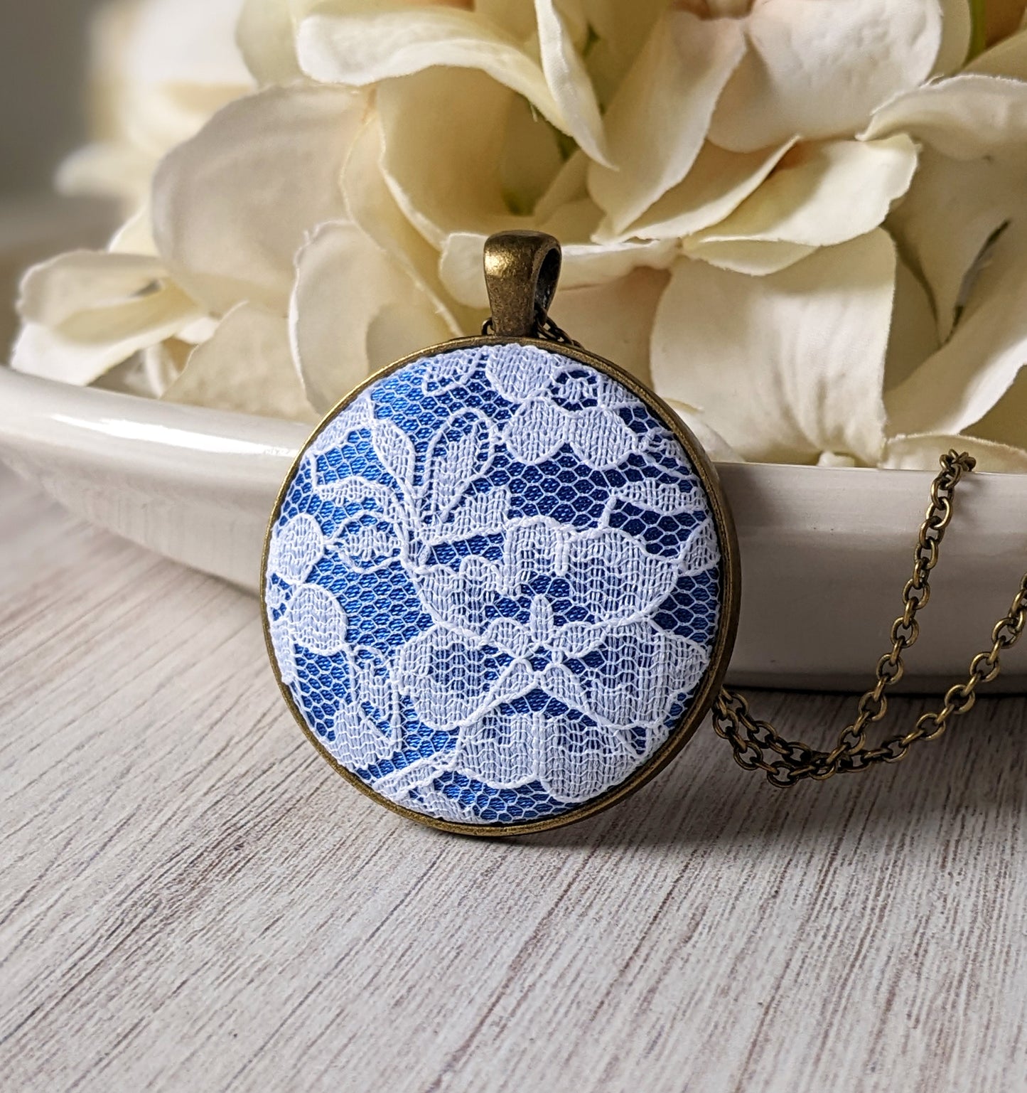 Cobalt Blue Necklace With Art Nouveau White Lace