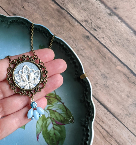 Sky Blue Crystal, Fabric, And Vintage Lace Art Nouveau Style Pendant