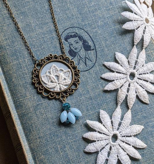 Sky Blue Crystal, Fabric, And Vintage Lace Art Nouveau Style Pendant