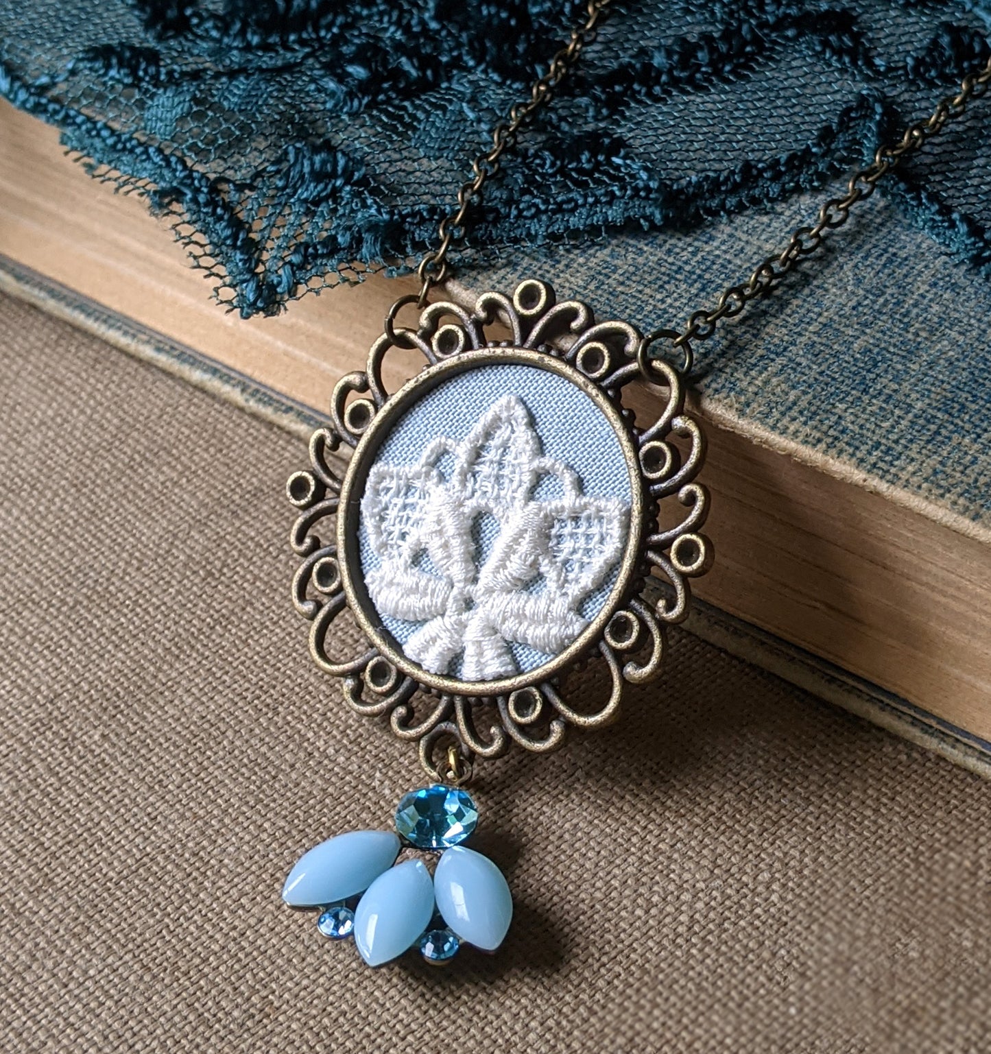 Sky Blue Crystal, Fabric, And Vintage Lace Art Nouveau Style Pendant